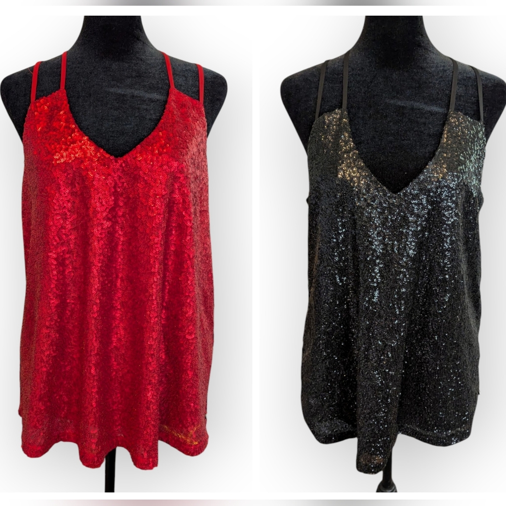 2 Guess Sequined Spaghetti Strap Tops Blouses Shirts Red Black